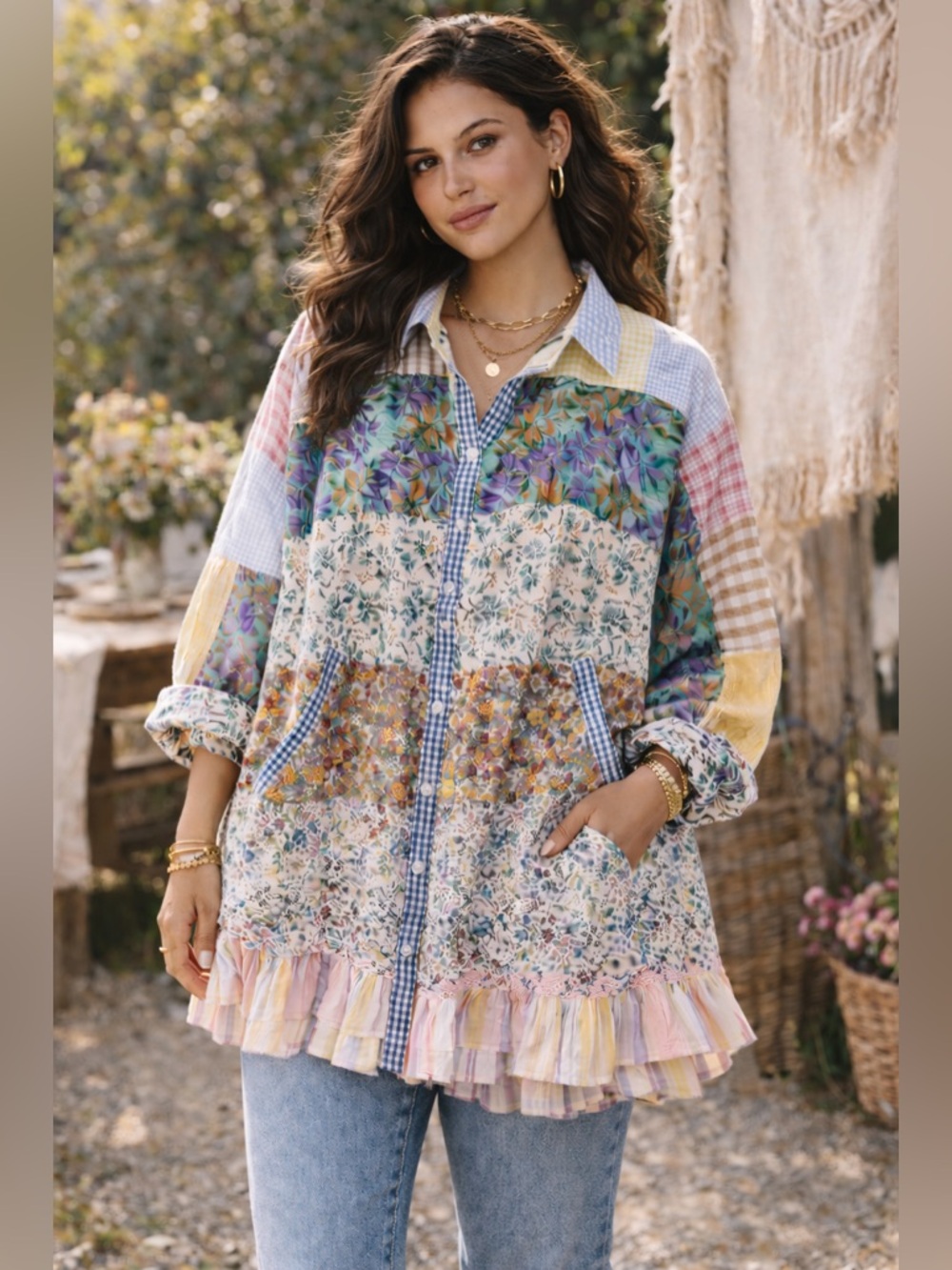#193 New! Boho Colorful Patchwork Button Up w Pockets/ Front/Back